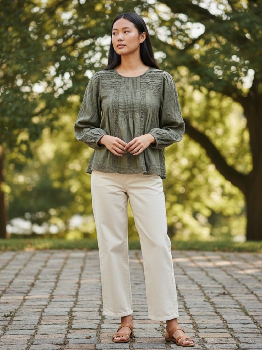 Madewell With Tag Olive Green Lace-Trim Pintuck Long-Sleeve Blouse Womens XS